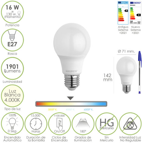 Bombilla Led Estandar Rosca E27. 16 Watt. Equivale A 130 Watt. 1901 Lumenes. Luz Blanca 4000º K.)