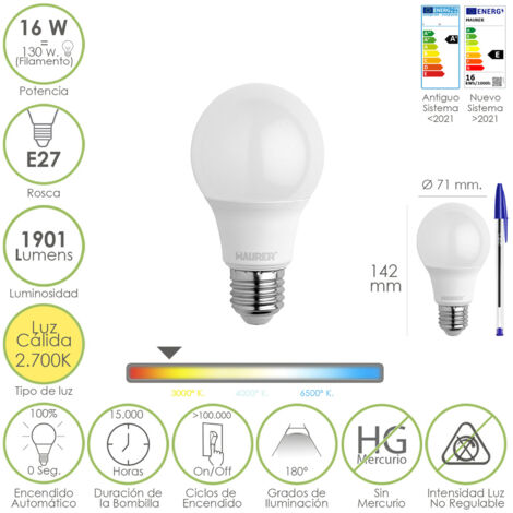 bombilla led estandar rosca e27. 16 watt. equivale a 130 watt. 1901 lumenes. luz calida 2.700º k.