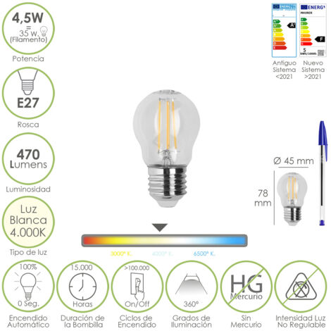 bombilla led filamento esfera rosca e27. 4,5 watt. equivale a 35 watt. 470 lumenes. luz neutra 4000º k.