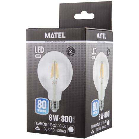 Bombilla LED Filamento Globo G80 Clara E27 8W Fría Matel