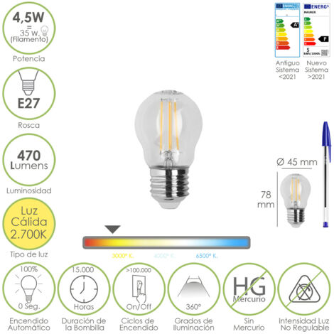 Bombilla Led Filamento Globo Rosca E27. 4,5 Watt. Equivale A 35 Watt. 470 Lumenes. Luz Calida 2700º K.