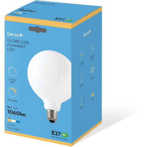Bombilla LED filamento largo Opal Globo G125 7W 806 lumenes equivalente a 60W. E27. 360º. Luz cálida