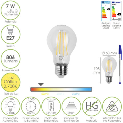 Bombilla Led Filamento Standar Rosca E27. 7 Watt. Equivale A 50 Watt. 806 Lumenes. Luz Calida 2700º K.
