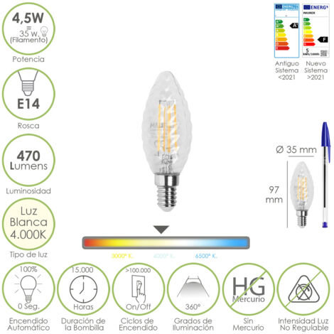 bombilla led filamento vela twist. e14. 4,5 watt. equivale a 35 watt. 470 lumenes. luz neutra 4000º k.