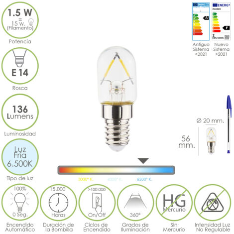 bombilla led frigorifico rosca e14. 1.5 watt. equivale a 15 watt. 136 lumenes. luz fria (6500º k.)