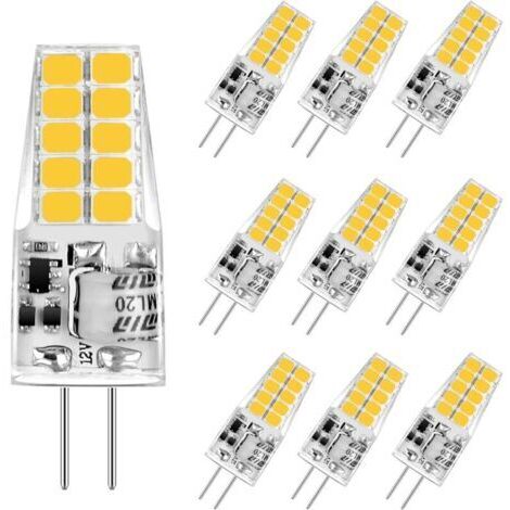 Bombilla LED G4 de 3,5 W, luz blanca cálida de 3000 K, 350 lm, equivalente a una bombilla halógena de 20 W/35 W, 12 V CA/CC, sin parpadeo, no regulable, ángulo de haz de 360°, paquete de 10 unidades.