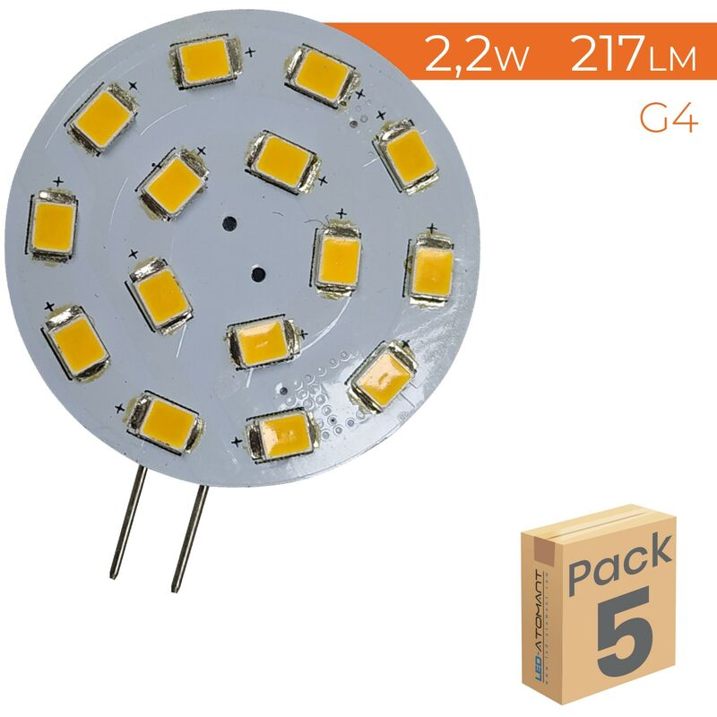 

Led Atomant Sl - Bombilla LED G4 Plana Bi-Pin 2,2W 10-30V 350LM 33mm 3000K | Blanco Cálido 3000K - Pack 5 Uds. - Blanco Cálido 3000K