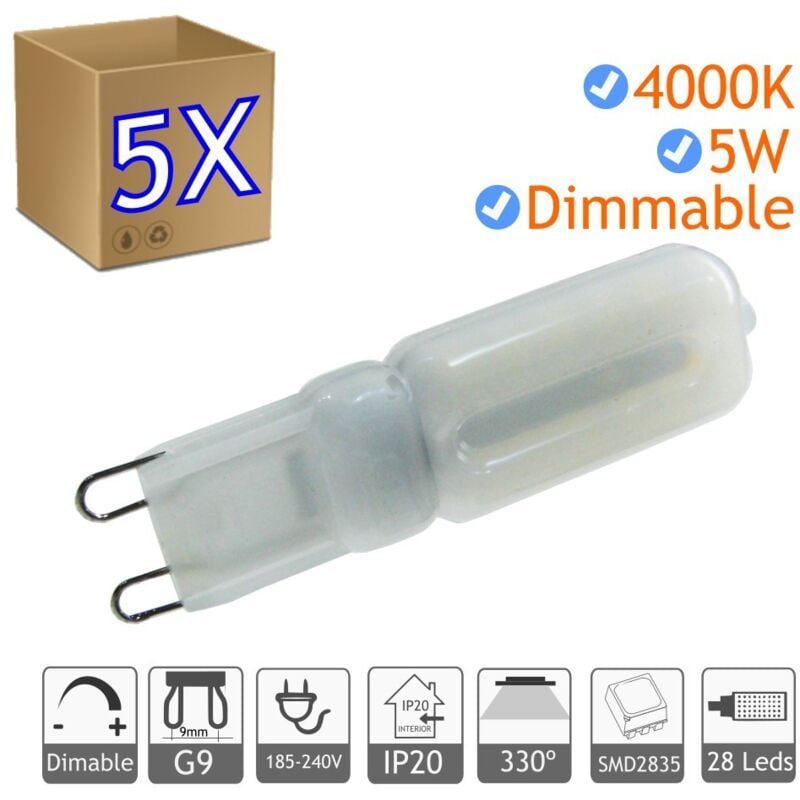 

Pack 5 Bombilla LED G9 regulable 5W blanco 4000ºK natural lámparas flexos lamparitas de sobremesa iluminación de caravanas… - Jandei