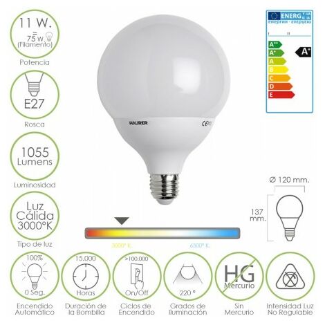 Bombilla led globo e27 11 w. 75 w. luz calida 3000ºk