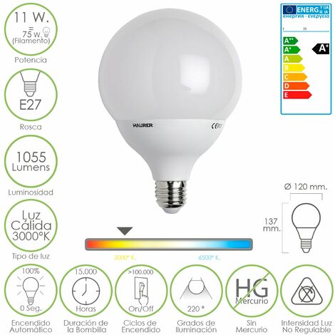 Bombilla Led Globo E27 11 W. 75 w. Luz Calida 3000ºK