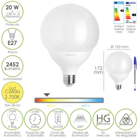 bombilla led globo e27. 20 watt. equivale a 150 watt. 2452 lumenes. luz calida 2700º k.