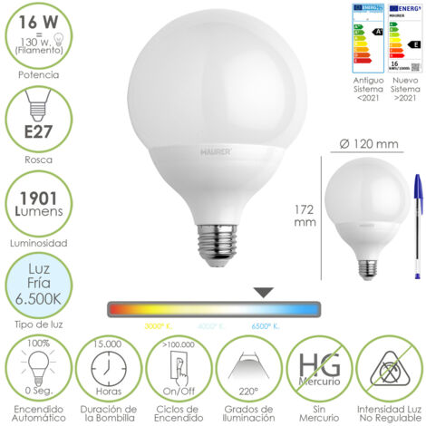 Bombilla Led Globo Rosca E27. 16 Watt. Equivale A 130 Watt. 1901 Lumenes. Luz Fria 6500º K.