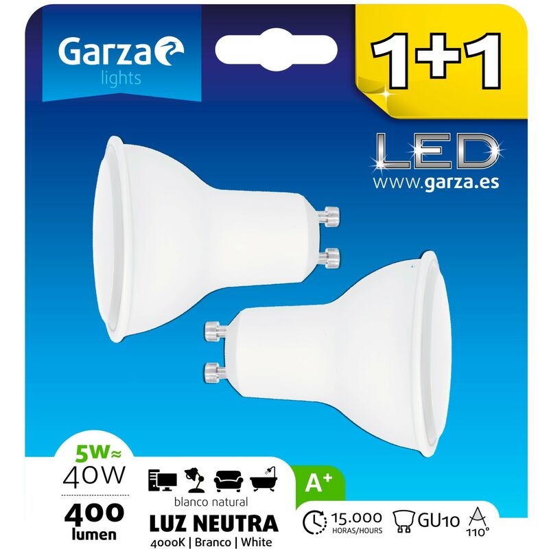 

Bombilla LED GU10 5W 110º, 400 lumenes, Luz neutra, pack 2