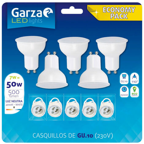 main image of "Bombilla LED GU10 7W 110º, 500lm, Luz neutra pack 5 bombillas + 5 casquillos"