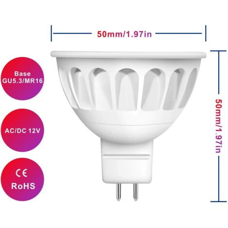 Bombilla LED GU5.3 MR16 de 5 W, bombilla LED blanca fría de 6500 K, foco LED de 12 V, ángulo de emisión de 40°