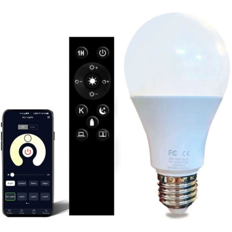 Bombilla LED inteligente E27 de 12 W con mando a distancia, regulador de color y brillo.