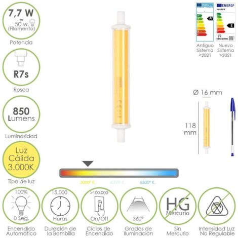 Bombilla led para focos rosca r7s. 7,7 watt. equivale a 50 watt. 850 lumenes. luz cálida (3000º k.)