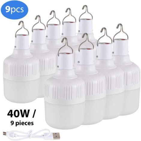 Bombilla LED recargable de 40 W, 3 modos, 9 unidades, USB, emergencia, hogar