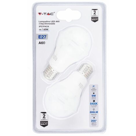 Bombilla LED V-TAC E27 9W A60, 3 niveles de intensidad, luz blanca fría (paquete de 2)