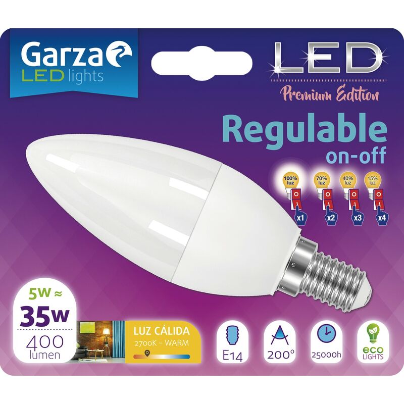 

Garza - Bombilla Led vela regulable en intensidad on/off luz cálida 5W, E14, 110º, 400 lumenes (equivale a 35W)