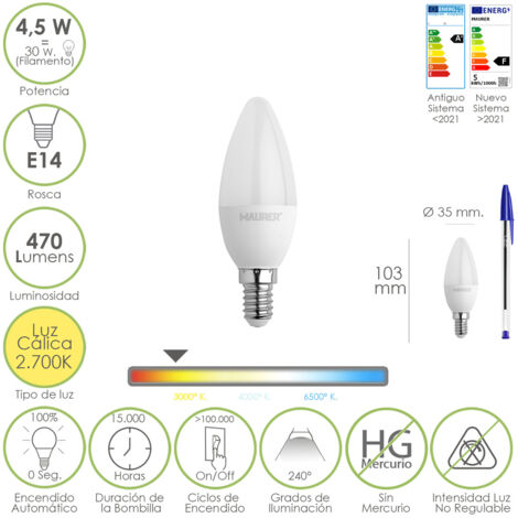 Bombilla Led Vela Rosca E14. 4,5 Watt. Equivale A 30 Watt. 470 Lumenes. Luz Cálida (2700º K.)