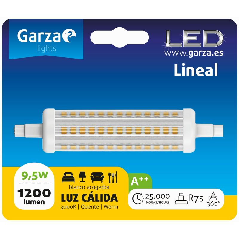 

Garza - Bombilla lineal LED con casquillo R7S de 118mm; 9,5W 1200 lumenes, 360°, luz cálida