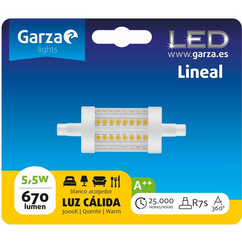 

Garza - Bombilla lineal LED con casquillo R7S de 78mm; 5W 600 lumenes, 360°, luz cálida