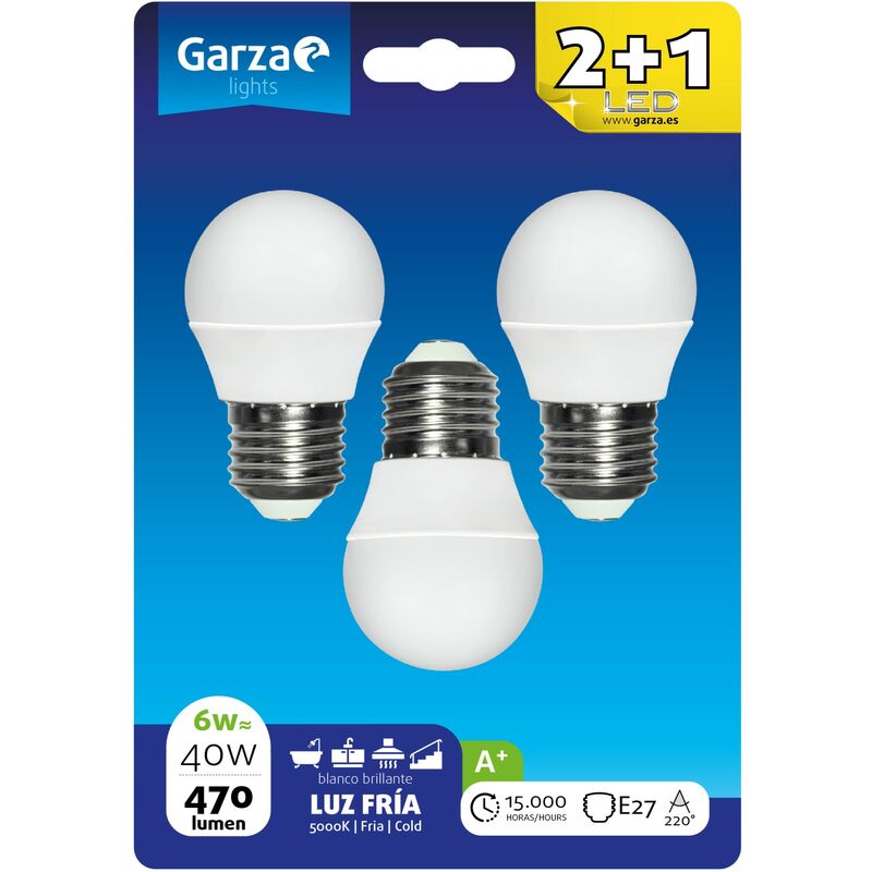 

Garza - Bombilla LED esférica 6W casquillo E27 220º 470 lumenes Luz fría Blister 2+1 unds