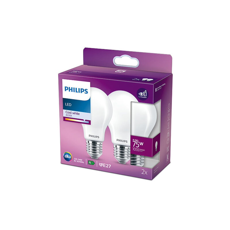 Pack 2 Bombilla LED Philips E27 A60 8.5W 1055Lm 4000K [PH-929002025857