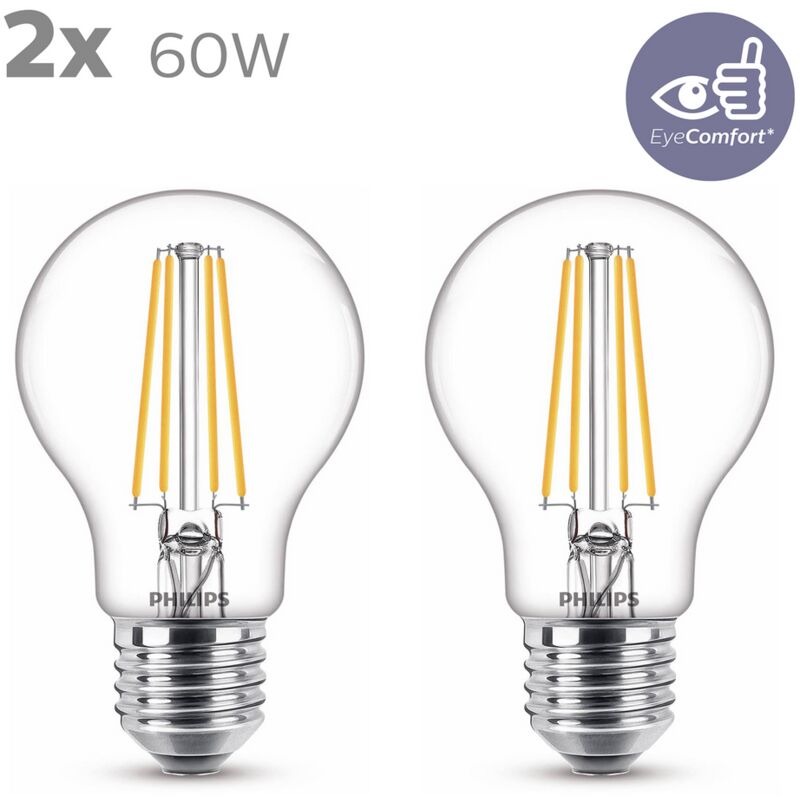 

Philips - Bombilla LED Cristal, 60W,E27, Estándar, Filamento, Luz Blanca Cálida, No Regulable, Pack de 2 Unidades