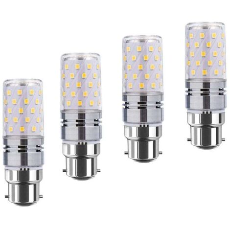 Bombillas LED B22 tipo maíz de 12 W, equivalente a 100 W incandescentes, 1200 lm, blanco cálido 3000 K, base vela decorativa B22, no regulables, paquete de 4 [Clase energética A+]