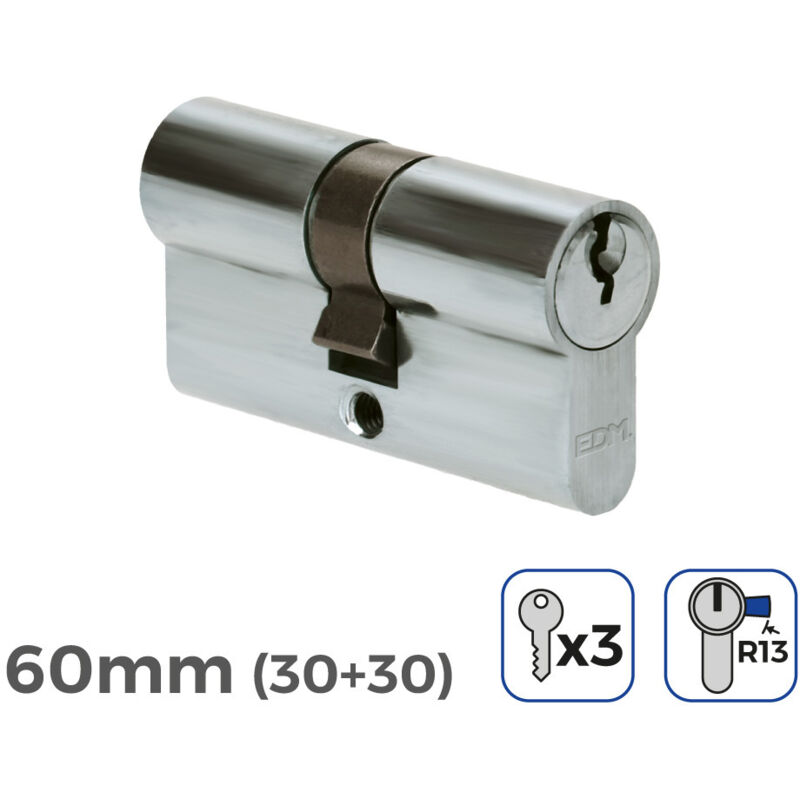 Bombín Níquel 60mm (30+30mm) Leva Corta R13 con 3 Llaves de Serreta Incluidas EDM
