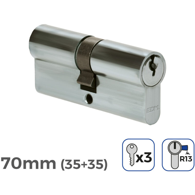 Cilindro 70MM 35+35MM Niquelado Leva Corta R13 Con 3 Llaves De Serreta Incluidas EDM