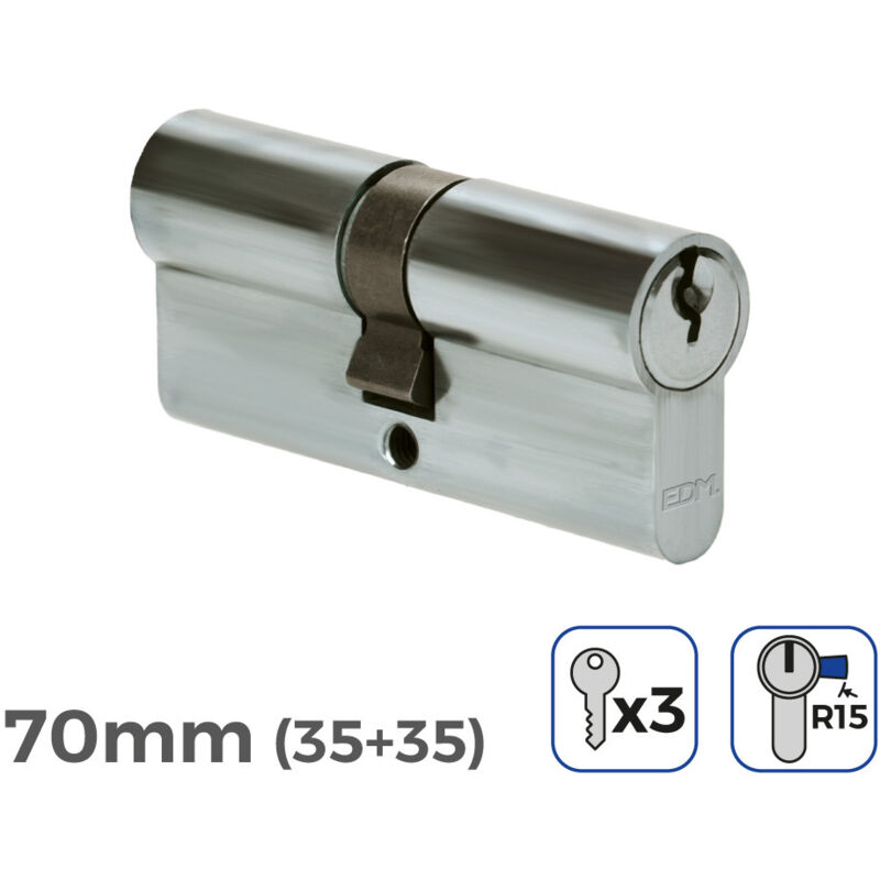Cilindro 70MM 35+35MM Niquelado Leva Larga R15 Con 3 Llaves De Serreta Incluidas EDM
