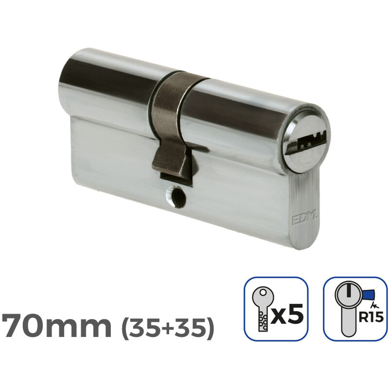 BOMBIN NIQUEL 70mm (35+35mm) LEVA LARGA R15 CON 5 LLAVES SEGURIDAD INCLUIDAS EDM