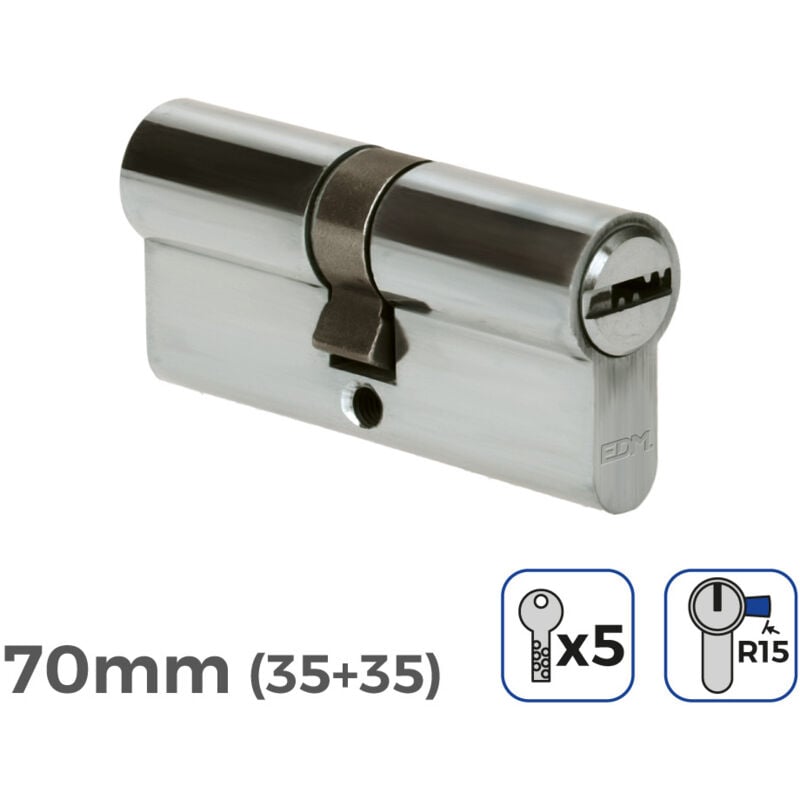 Cilindro 70mm (35+35mm) niquelado, leva larga r15 con 5 llaves seguridad incluidas