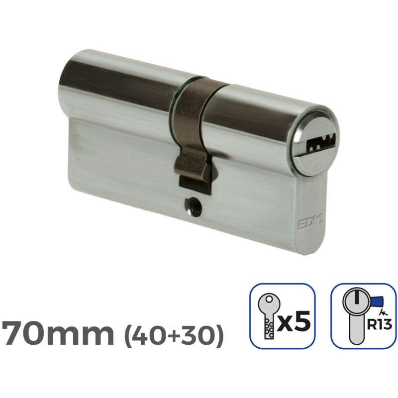 EDM - Bombín níquel, 70mm (40+30mm), leva corta R13, con 5 llaves seguridad incluidas 85181