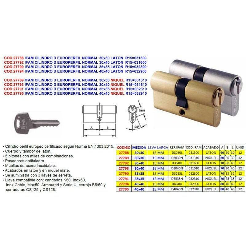 

ifam cilindro d europerfil normal 30x40 laton r15 031600 - Mibricotienda
