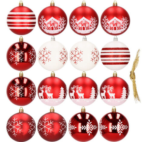 Bombki navideñas 16 unidades, 8 cm, rojas y blancas con diseños, decoraciones navideñas.