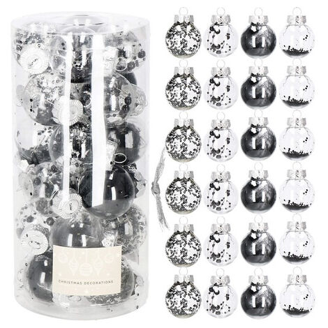 Bombki per l'albero di Natale, confezione da 24 pz. 5 cm, trasparenti con riempimento nero.