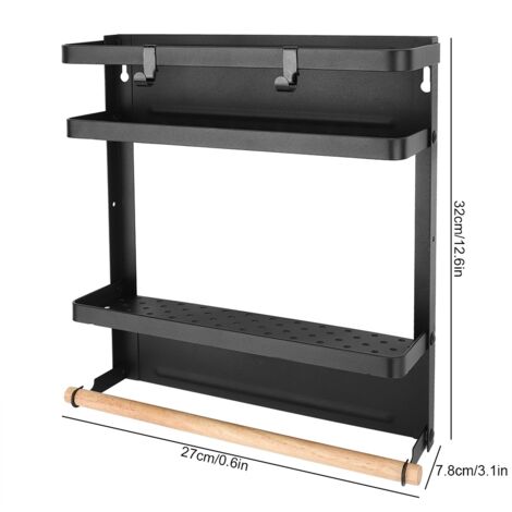 BoMi Magnetisches Multifunktionsregal, Schwarz, 32 x 27 x 7,8 cm, Eisen und Holz, für Kühlschrank - Faltbares Aufbewahrungsregal, 100 % neu, 1417 g, mit Holzstange und Zaunhaken