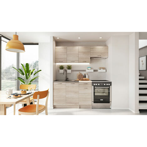 BONA Mini Cocina lineal completa L 180cm 5 piezas Plan de trabajo INCLUIDO Conjunto de muebles de cocina - Sonoma/Bianco