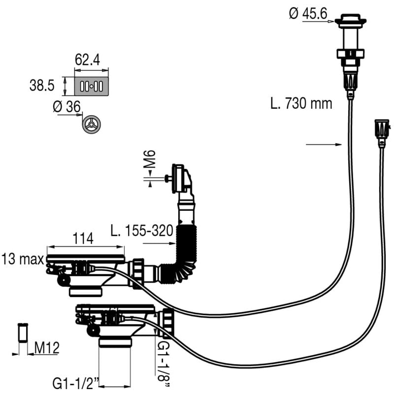 Bonde de vidage automatique D90mm pour évier double cuve Valentin 00 438000 000 00