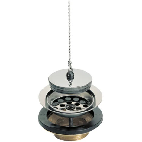 Bonde de latón para fregadero de gres/síntesis con rejilla de acero inoxidable, tapón y cadena Ø84 - perforación de 60 mm