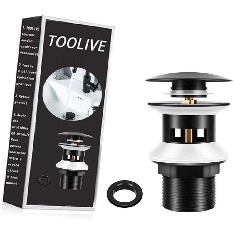 Bonde de Lavabo avec Trop-plein Noir Mat, Universelle G1 1/4" Laiton Valve Pop-up Bonde de Vidage pour lavabo, Clic-clac, Installation Sans Outil