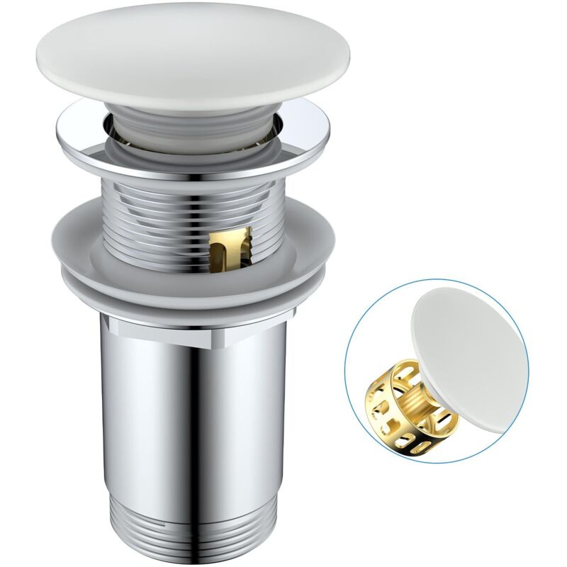 Bonde de Lavabo Blanc Céramique avec/sans Trop-Plein, Bonde Clic Clac avec Panier Filtrant, Bouchon Vidage Pop-Up de Lavabo for Salle de Bain,