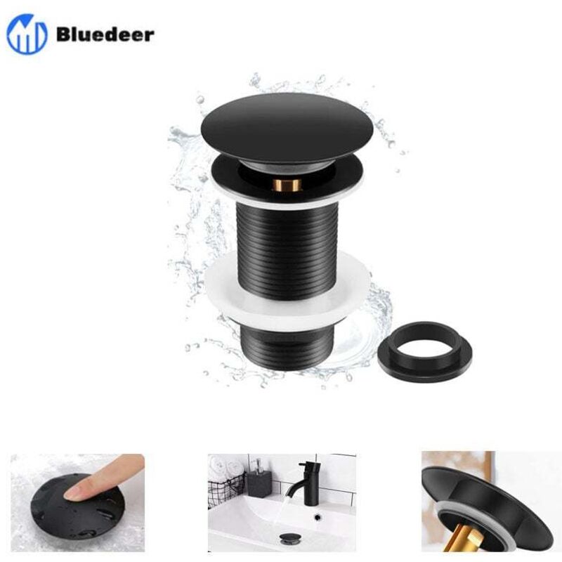 Bonde de Lavabo Noir Sans Trop Plein, Bonde de Lavabo Pop Up Noir Universelle, Bonde de Vidage Sans Trop Plein, Bonde de Vidange Sans Trop Plein,