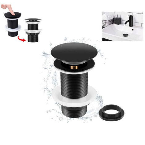Bonde de Lavabo Noir Sans Trop Plein, Bonde de Lavabo Pop Up Noir Universelle, Bonde de Vidage Sans Trop Plein, Bonde de Vidange Sans Trop Plein, Bonde Pop Up Automatique pour Vasque a Poser, zh