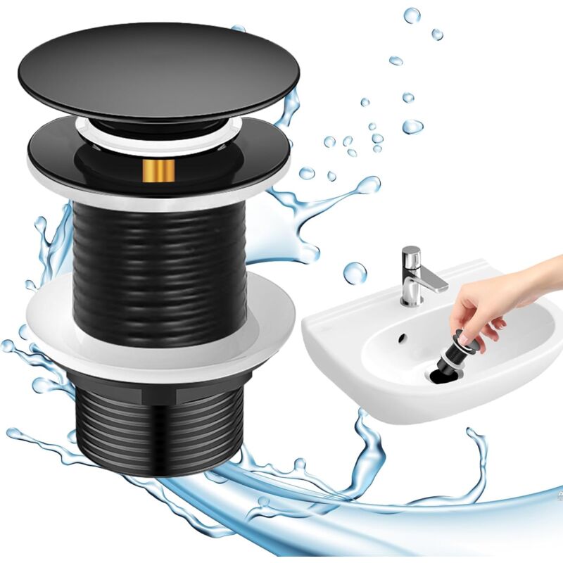 XVX - Bonde de Lavabo Noir Sans Trop Plein, Bonde de Vidage Sans Trop Plein, Bonde de Lavabo, Vidage Lavabo Pop-up, Bonde Lavabo Universelle, Bonde