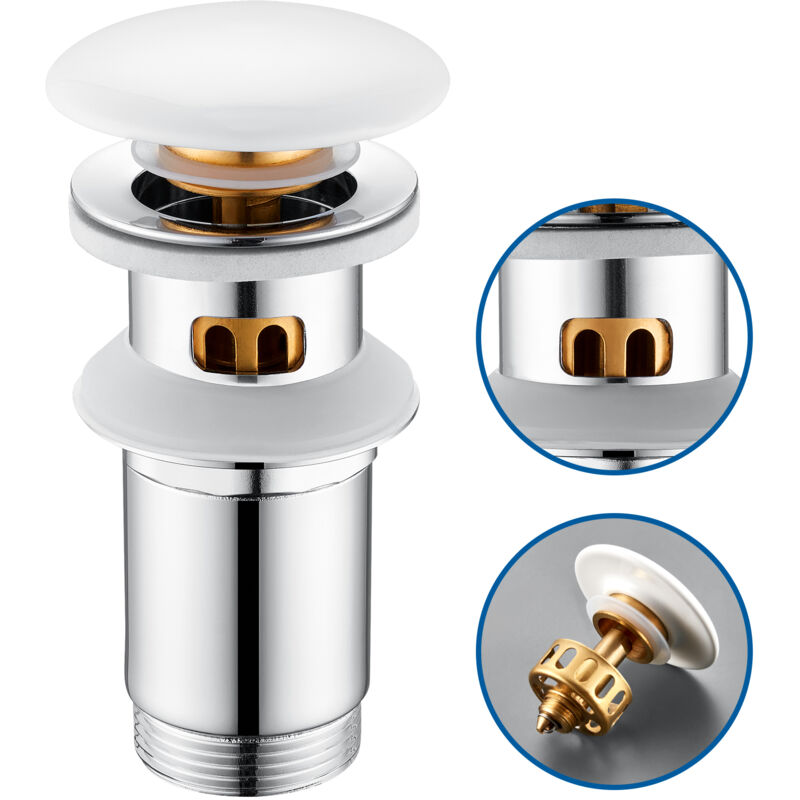 Auralum Max - Bonde de Lavabo Pop-up en Inox, Standard-G1¼, Bonde de vidange avec Trop-plein, Panier filtrant et Couvercle en céramique blanche